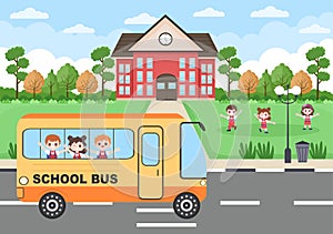 Back To School, Modern Building and Bus in the Front Yard With Some Children. Background Landing Page Illustration