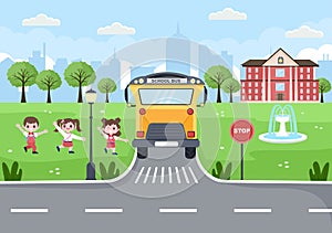 Back To School, Modern Building and Bus in the Front Yard With Some Children. Background Landing Page Illustration