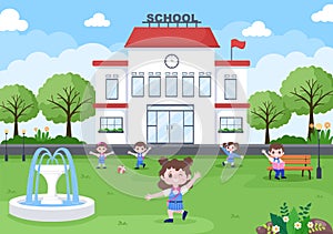 Back To School, Modern Building and Some Children Are Playing In The Front Yard. Background Landing Page Illustration