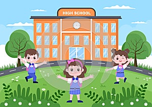 Back To School, Modern Building and Some Children Are Playing In The Front Yard. Background Landing Page Illustration