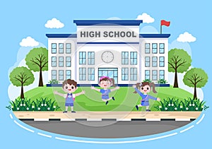 Back To School, Modern Building and Some Children Are Playing In The Front Yard. Background Landing Page Illustration