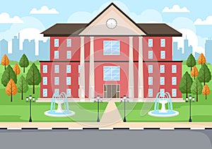 Back To School, Modern Building and View Front Yard With Green Grass And Trees. Background Landing Page Illustration