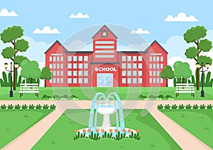 Back To School, Modern Building and View Front Yard With Green Grass And Trees. Background Landing Page Illustration