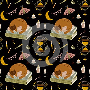 Back to school mystery pattern design. Dark Academia seamless print. Books, cat, library, hourglass, candles, moon