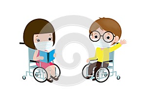 Back to school for new normal lifestyle concept, happy disabled little boy and girl in wheelchair wearing face mask protect corona