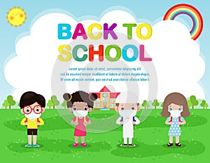 Back to school for new normal lifestyle concept. happy group diverse Kids and Different nationalities wearing face mask protect