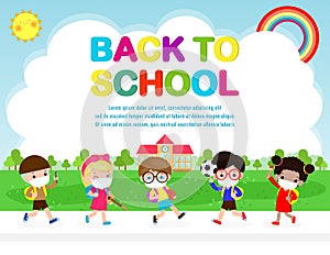 Back to school for new normal lifestyle concept. happy group kids jumping wearing face mask and social distancing protect covid 19