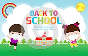 Back to school for new normal lifestyle concept. happy kids jumping wearing face mask protect corona virus or covid 19, template