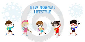 Back to school for new normal lifestyle concept. happy kids wearing face mask and social distancing protect coronavirus covid 19