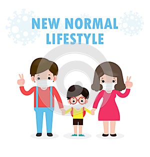Back to school for new normal lifestyle concept. happy Parents take their children to the school wearing surgical face mask