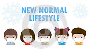 Back to school for new normal lifestyle concept, Social Distancing, Set of kids wearing a surgical protective Medical mask for pre