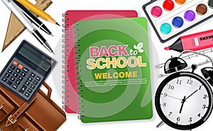 Back to school Notes book and Alarm clock Vector realistic top view. Bag, watercolor palette, pencils, crayons. Detailed