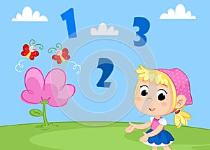 Back to school - One, two, three - Learning numbers - Little girl, flower and butterflys