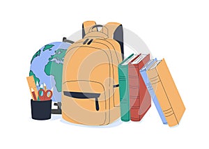 Back to school, online school banner, poster. Yellow backpack with school supplies on the background of checkered paper