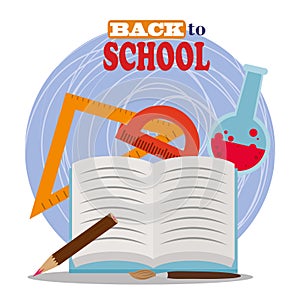 Back to school, open book ruler protractor pencil and chemistry flask elementary education