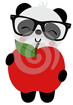 Back to school panda holding an apple