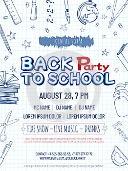 Back to school party poster. Invitation to a school party.