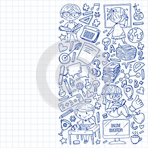 Back to school. Pattern with books, education element and little students. Kids, children learning mathematic, geography