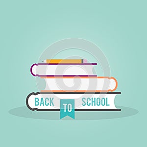 Back to school. A pencil on top of a stack of school books. Vector illustration, flat design