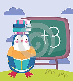 Back to school, penguin with books on head chalkboard cartoon