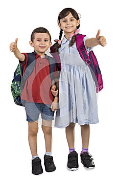 Back to school - Portrait of brother and sister children . school girl and boy smiling and making OK sign