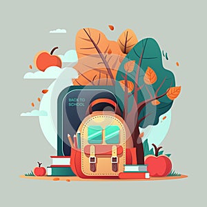 Back to school poster with a backpack, autumn trees and books, vector flat illustration