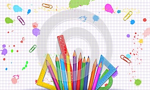 Back to school poster or banner design with realistic colorful school supplies isolated on abstract white background