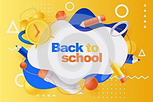 Back to school poster, banner design template. Vector 3d illustration of pencils, alarm clock, plastic geometric shapes