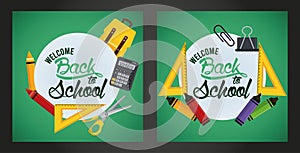 Back to school poster with chalkboards and set supplies scenes