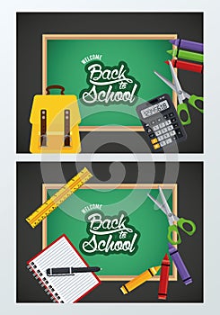 Back to school poster with chalkboards and supplies
