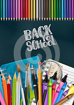 Back to school poster with colorful supplies - coloring pencils, pen, brushes, markers, ring notebooks, crayons