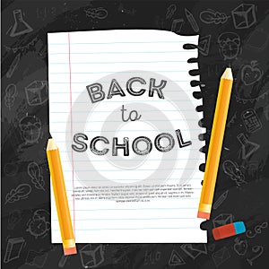 Back to school poster design with line paper list with doodles on dark chalkboard background