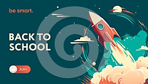 Back to school poster with flying rocket