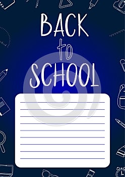 Back to school poster for kids with line art supplies on the background. Doodle style