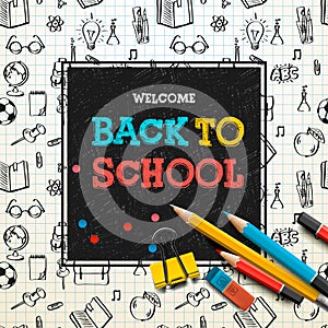 Back to school poster, sketchy notebook doodles with lettering, vector illustration.