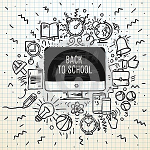 Back to school poster, sketchy notebook doodles with lettering, vector illustration.