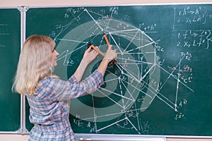 Back to school. The professor solves the problem at the blackboard