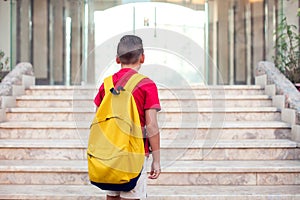 Back to school. Pupil boy with backpack going to school