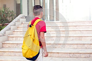 Back to school. Pupil boy with backpack going to school