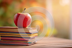 Back to school with a red apple on a stack of books