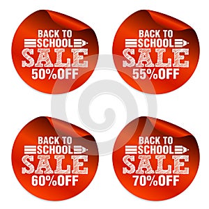 Back to school red sale stickers set with pencil icon. Sale 50%, 55%, 60%, 70% off