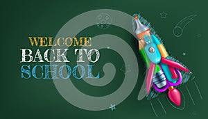 Back to school. Rocket launch. Stationery tools for learning. Kids items with space for text. Chalk drawing at