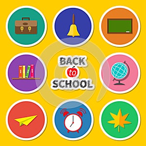 Back to school round icon set. Green board, bell