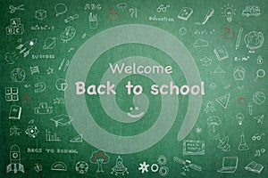 Back to school sale advertisement on school teacherâ€™s green chalkboard background with copy space encircled by freehand