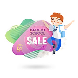Back to School Sale Banner with Cute Cartoon Boy Student in Uniform and Backpack Jumping. Happy Pupil Discount Offer