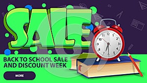 Back to school sale, banner in graffiti style with school books and alarm clock