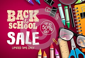 Back to school sale banner vector design in red background with school supplies