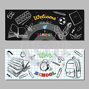 Back to school SALE banners, labels. Vector hand drawn illustration. Chalkboard lettering. Typography. Sketch style with hand draw