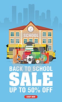 Back to school sale concept design flat style banner. Sale up to 50% off
