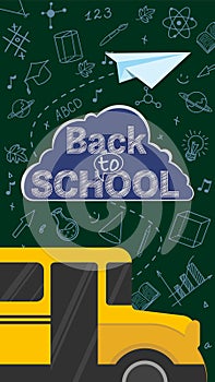 Back to School Sale concept. Poster template with Yellow School Bus against green background with hand drawn doodles of